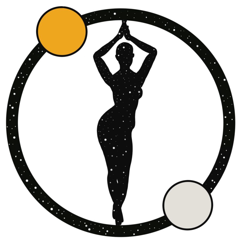 silhouette of a woman in a circle with a moon and sun circling around